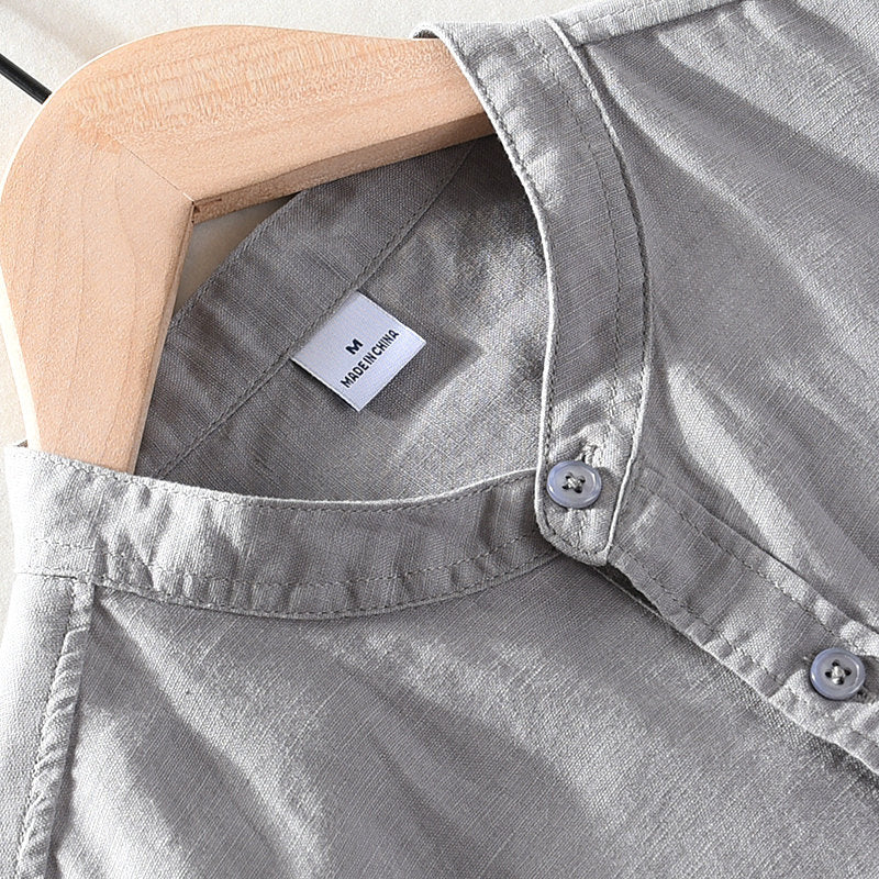 Stand Collar Cotton Linen Long Sleeve Shirt